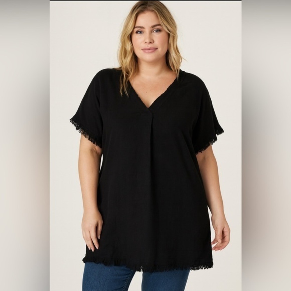 Umgee Plus Black Linen Blend Fringe Hem Tunic Top Mini Dress NWT XL #1705